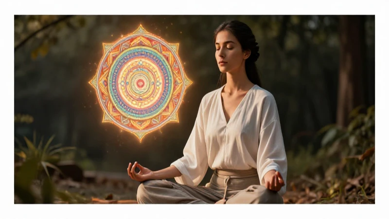 Qué es un mandala, sus tipos y beneficios terapéuticos 7 Mujer meditadora con mandala flotante y estética sofisticada