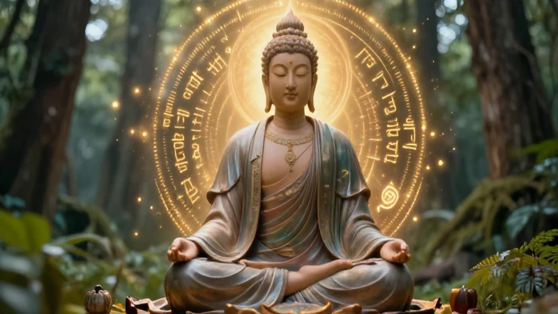 Figura meditando con aura dorada y luz etérea