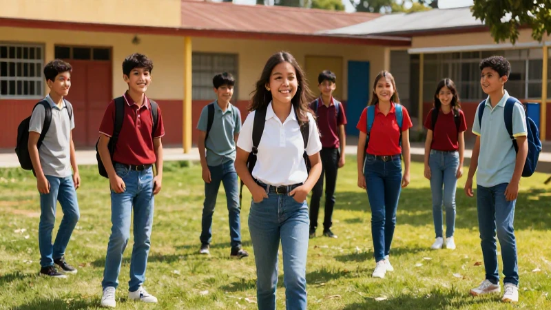 Estudiantes mexicanos felices juegan en un patio vibrante