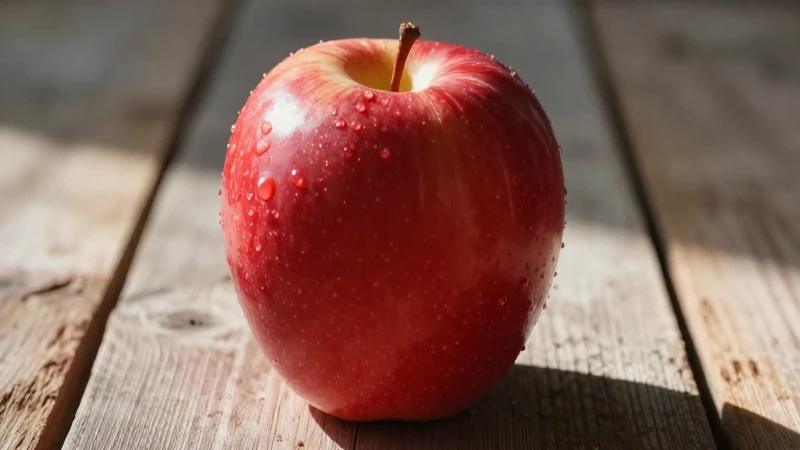 Manzana roja vibrante en madera bajo luz