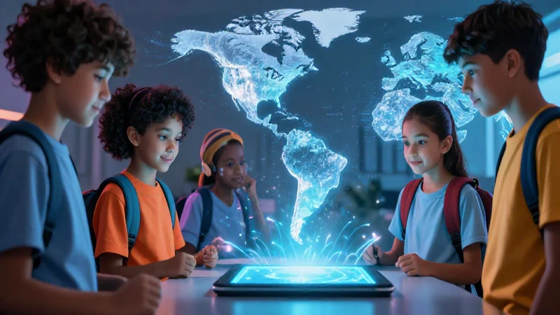 Ilustración educativa vibrante de jóvenes con mapa digital