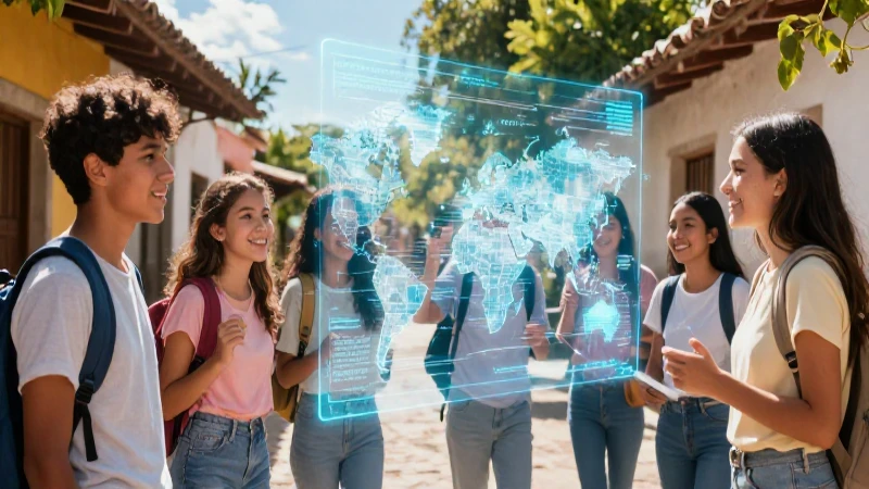Estudiantes felices ven mapa holográfico en México