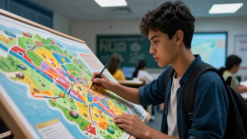 Mapa semántico: qué es, características y ejemplos claros 5 Joven estudiante analiza mapa educativo vibrante