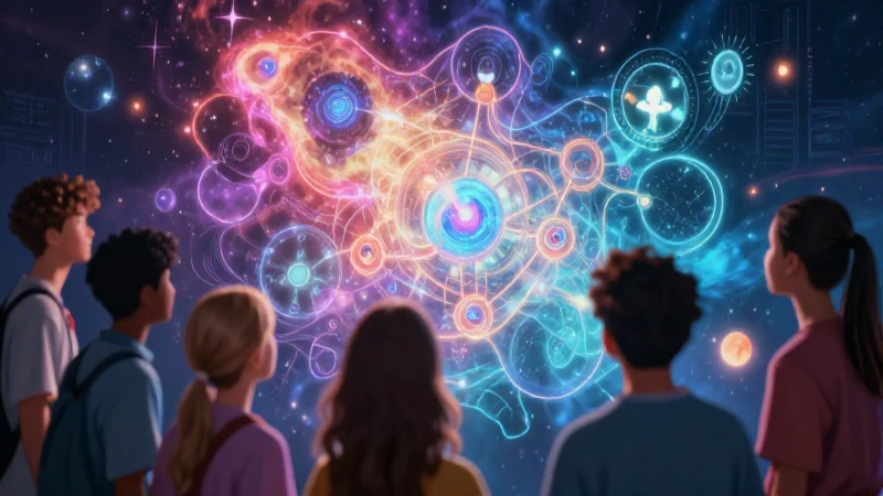 Ilustración educativa moderna con temática cósmica y religiosa