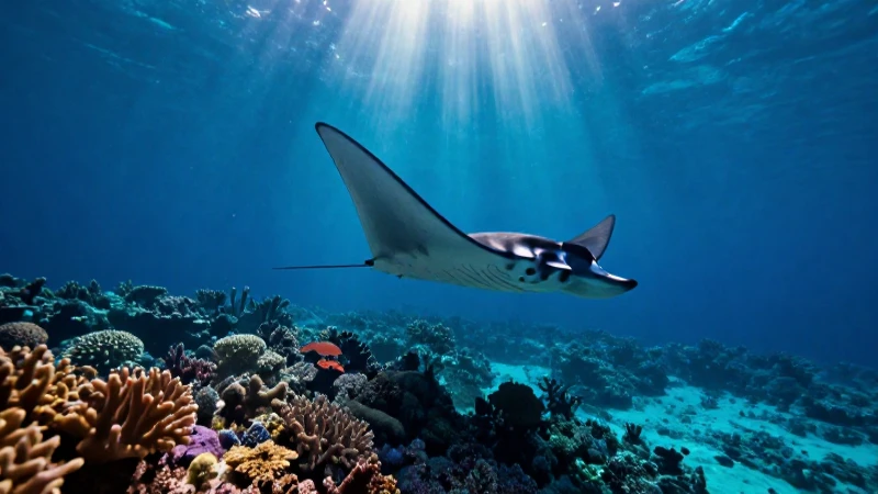 Corales vibrantes y mantarrayas en luz azul