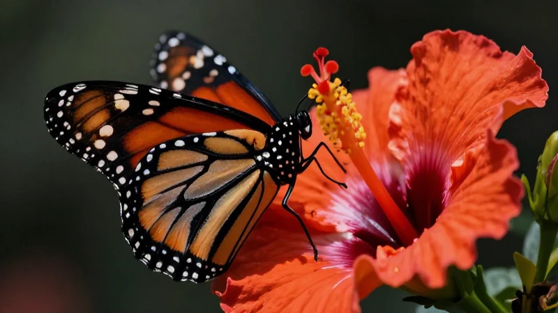 Mariposa monarca sobre flor hibisco con luz dramática