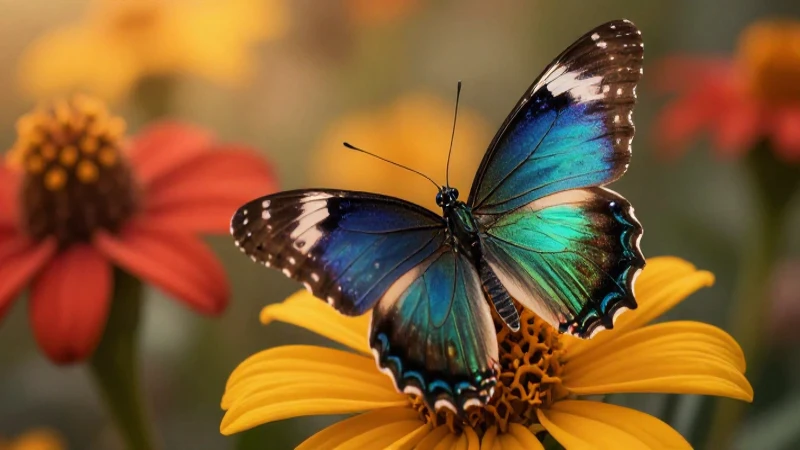 Mariposa iridiscente en entorno vibrante de oro