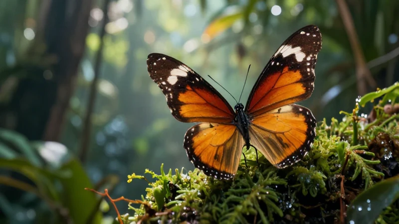 Mariposa detallada con ambiente tropical dramático