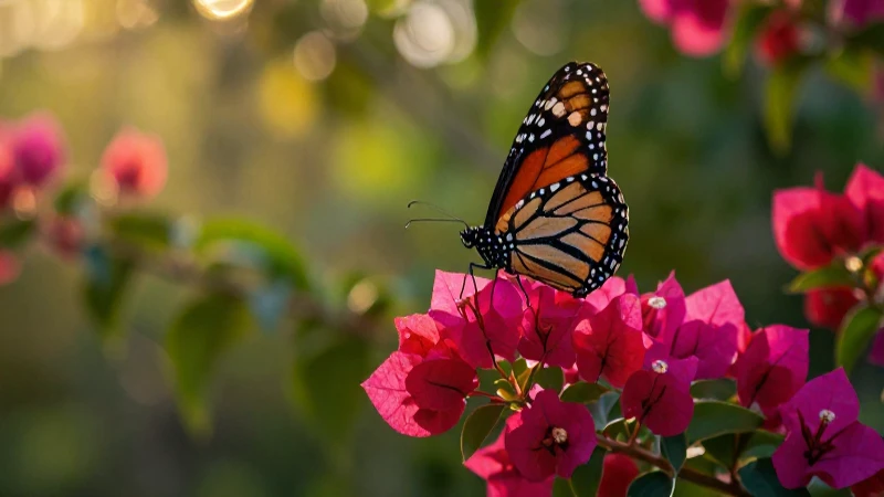 Quieres saber sobre mariposas, su hábitat y ciclo de vida 9 Monarca vibrante sobre buganvilla, al atardecer