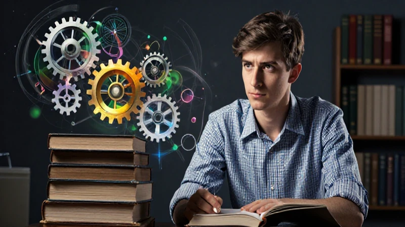 Joven académico con engranajes y libros
