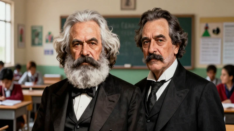 Retrato de Marx y Engels, estilo educativo mexicano