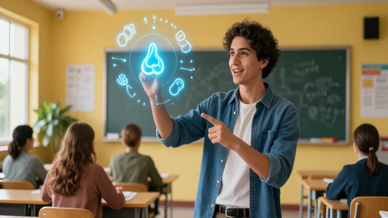 Educador interactúa con símbolos abstractos en una escena vibrante