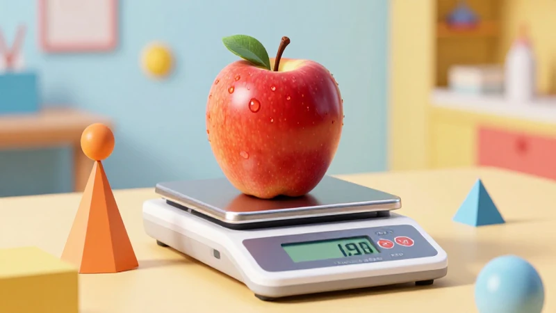 Qué es la masa y cómo medirla Ejemplos prácticos 6 Manzana sobre báscula, estilo educativo digital