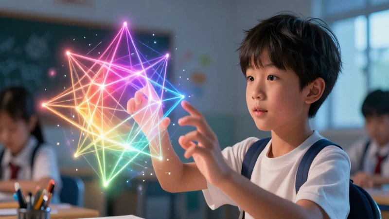 Estudiante curioso interactúa con formas geométricas luminosas