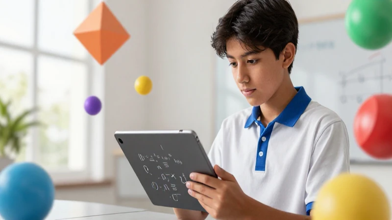 Estudiante resuelve álgebra con tablet digital y estética moderna