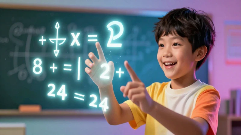 Niño alegre interactúa con concepto matemático brillante