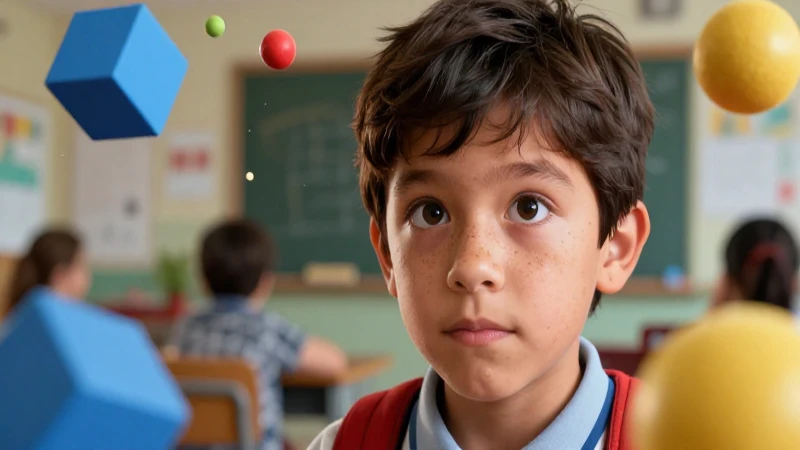 Estudiante curioso con formas geométricas vibrantes