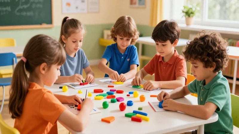 Qué actividades interactivas de matemáticas se pueden jugar 4 Niños cuentan objetos coloridos en un aula dinámica