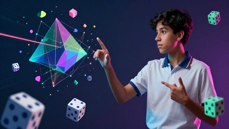 Estudiante mexicano con datos geométricos abstractos y dados 3D