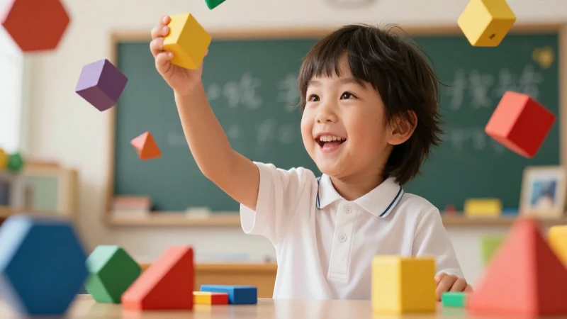 Estudiante sonriente juega con bloques matemáticos