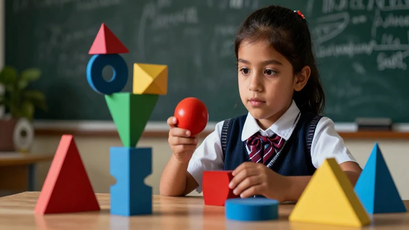 Niño aprende formas 3D con estética educativa