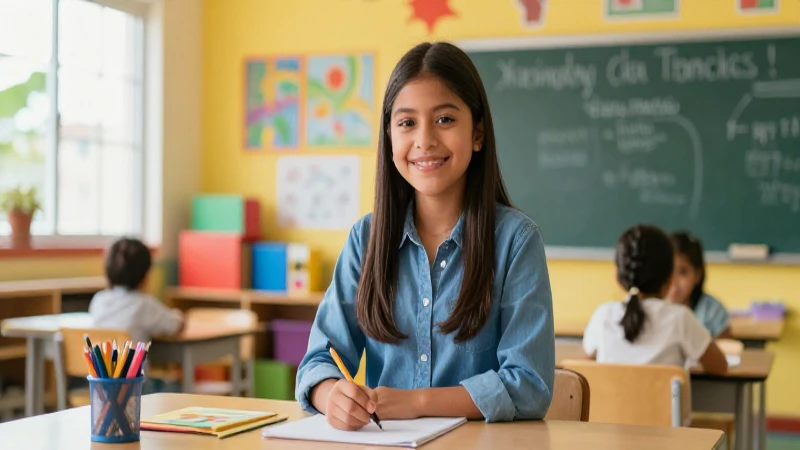 Maestra alegre en aula mexicana moderna y vibrante