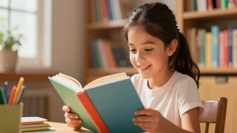 Niña latina leyendo libros de colores vibrantes