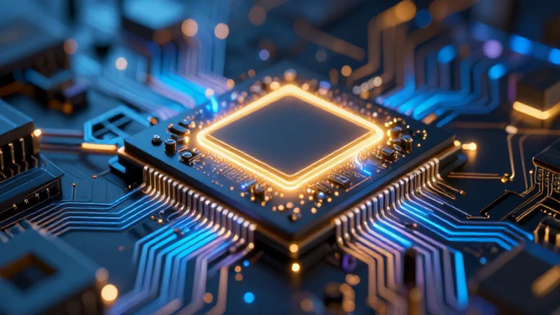 Chip de silicio brillante con circuito metálico dorado