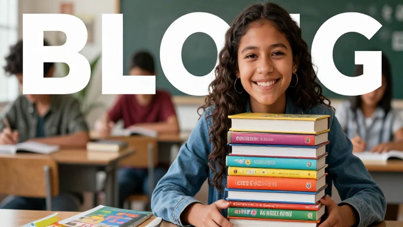 Estudiante feliz y libros en ambiente educativo