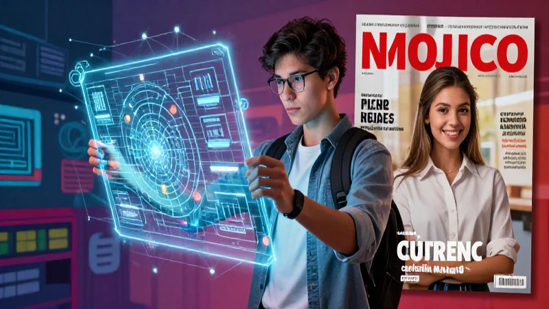 Estudiante mexicano con blueprint holográfico moderno