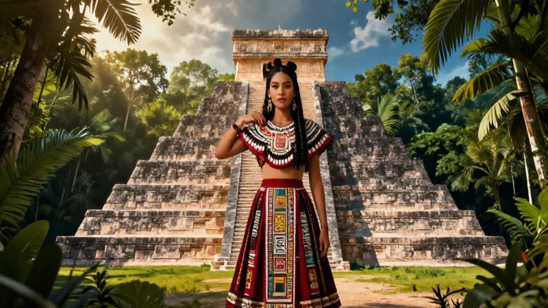Mayas: Historia, Cultura, Arquitectura y Ubicación 7 Joven maya hiperrealista ante pirámide antigua