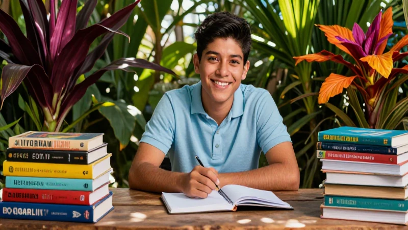 Estudiante mexicano brillante con materiales tropicales