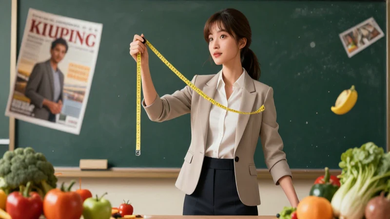 Educadora profesional muestra tape con frutas vibrantes