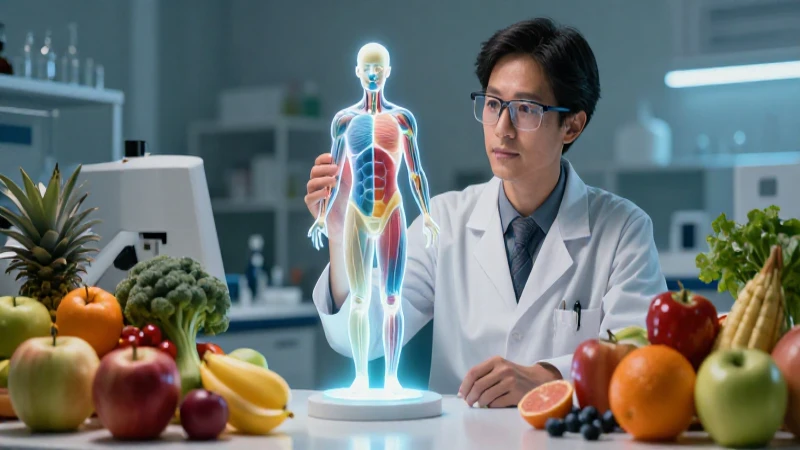 Investigador examina modelo anatómico con frutas nutritivas