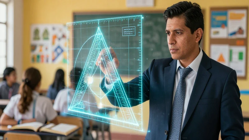 Educador interactúa con grids geométricos en estética de revista