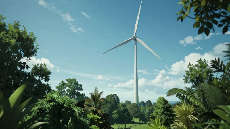 Aerogenerador vibrante en ecosistema verde bajo cielos azules