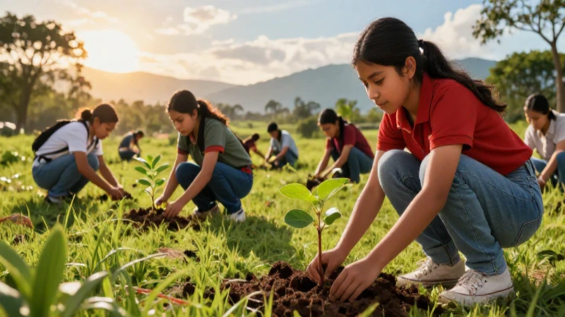 Estudiantes mexicanos plantan árboles en el atardecer