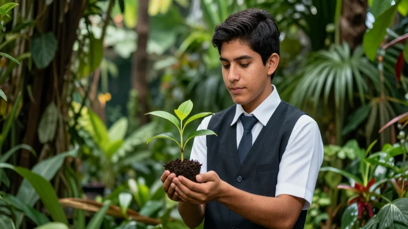 Estudiante mexicano cuidando planta en entorno natural