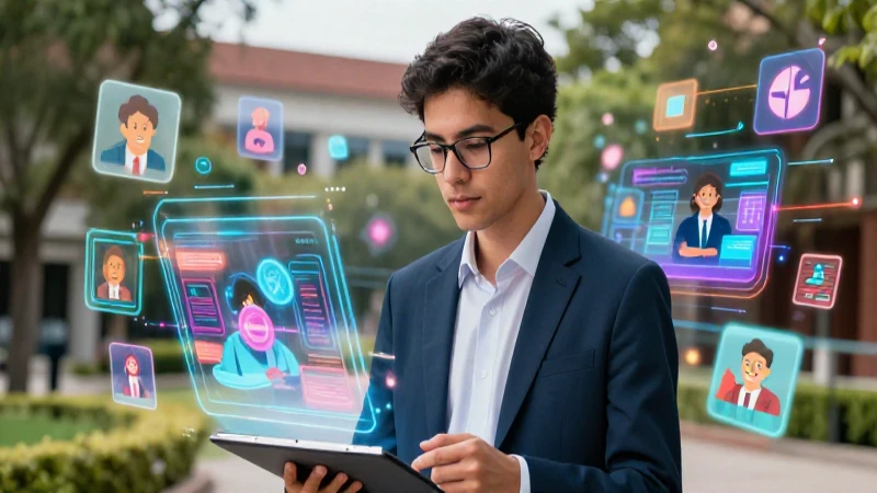 Académico moderno rodeado de datos digitales
