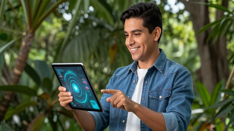 Educador mexicano interactúa con tecnología futurista en un entorno profesional