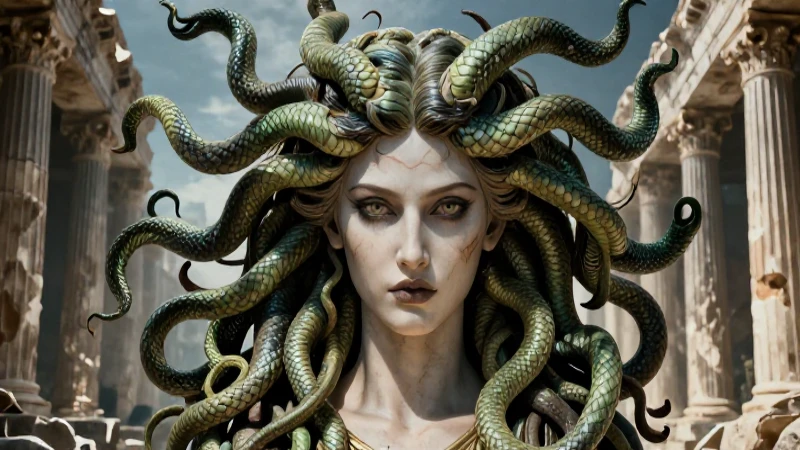 Retrato dramático de Medusa con influencia de Atenea