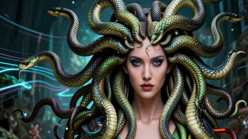 Retrato de Medusa poderoso, moderno y vibrante
