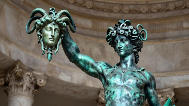 Perseo decapita a Medusa con estética clásica