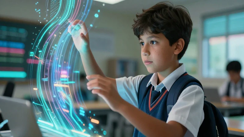 Estudiante interactúa con datos luminosos en un estilo moderno