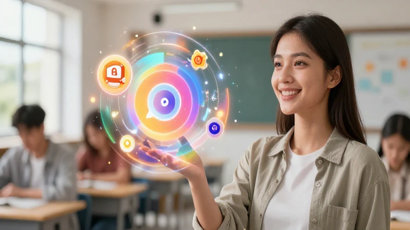 Estudiante sonriente con beneficios abstractos modernos