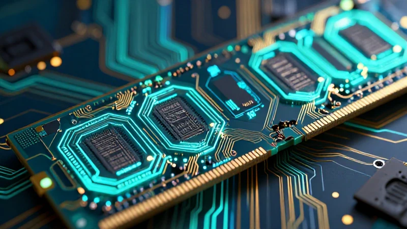 Memoria futurista con circuitos cian y dorado