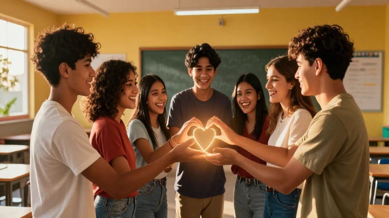 Estudiantes alegres con un corazón etéreo bajo el sol