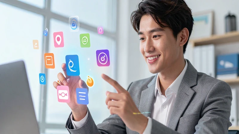Profesional moderna sonríe con elementos digitales brillantes