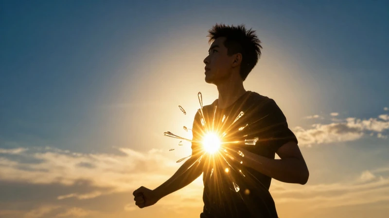 Mentalidad de crecimiento: Potencia tu desarrollo personal 3 Joven ambicioso bajo sol dorado y energía brillante