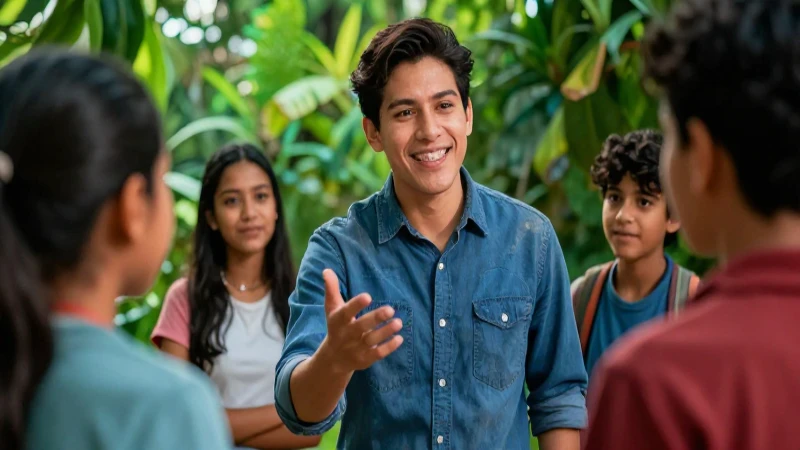 Mentor mexicano guiando a un estudiante diverso